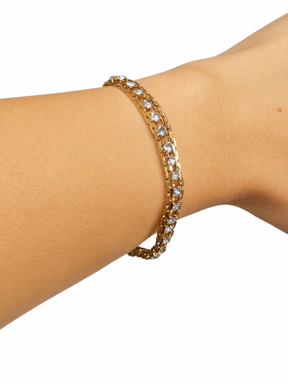 Vintage Gold-tone Clear & Blue Rhinestone Sparkling Tennis Bracelet